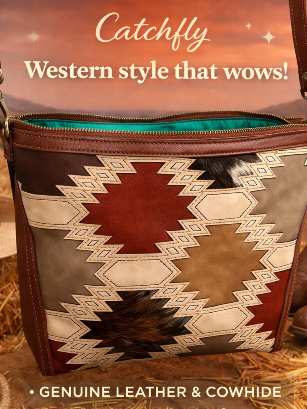 Geometric Catchfly Patterned Leather Shoulder Bag